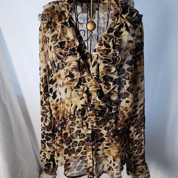Spiegel Tops - Vintage Spiegel Double Ruffle Neckline Long Sleeved Leopard Print Blouse